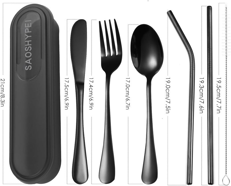 SAOSHYPEI Portable Utensils Set with Case, 4pcs Stainless Steel Reusable Silverware for Lunch Camping School Picnic Workplace, Lunch Box Includ Fork Spoon Knife,Easy to clean,Dishwasher Safe (grey) - Image 2